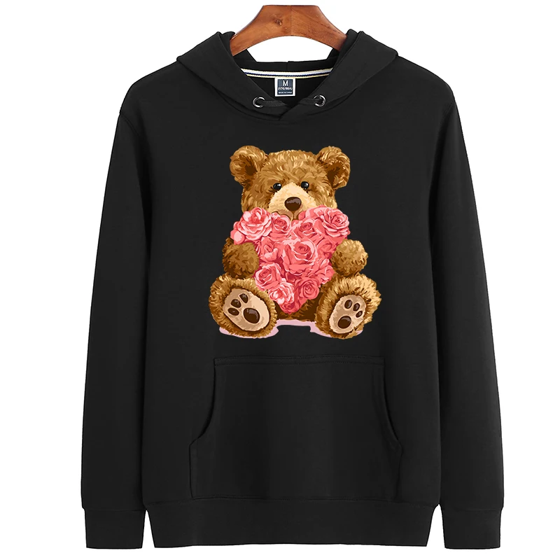 

100% Cotton Rose Love Bear Hoodie Women Winter Long Sleeve Sweatshirt Loose Pullover Oversized Hoodie Men's And Women's Top 4XL