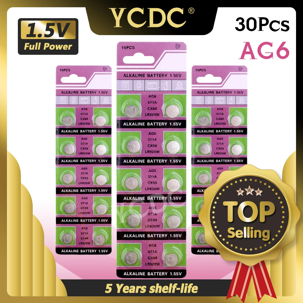 30 шт. щелочная батарея AG6 1 55 V кнопочная монета 371 SR920SW LR920 SR927 171 370 L921 LR69 SR920 часы
