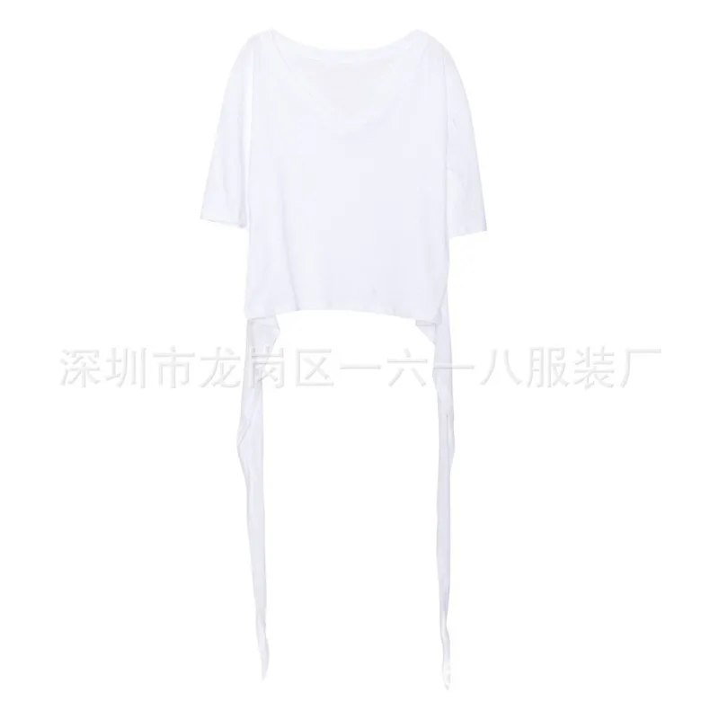 

Women Summer Brand White Slim Belt V-Neck Cotton Bow Short T-shirt Ladies Fashoinable Tees Female Solid Color Casual Tops ZM158