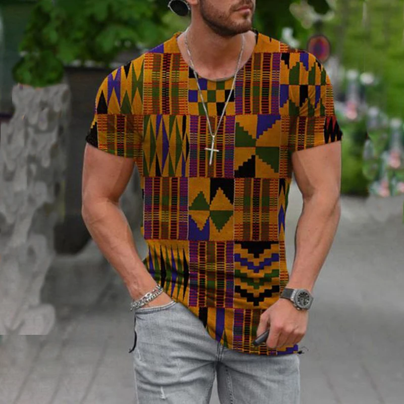 

2021 Summer Geometric Retro Short Sleeve Casual Men's T-shirt Fashion O-neck Pullover Abstract Loose Tops
