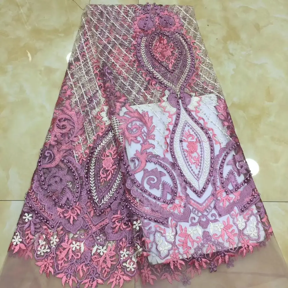 

African Lace Fabric 2019 High Quality Lace Onion 3D floral Lace Fabric With Beads Nigerian Tulle Mesh Lace Fabrics