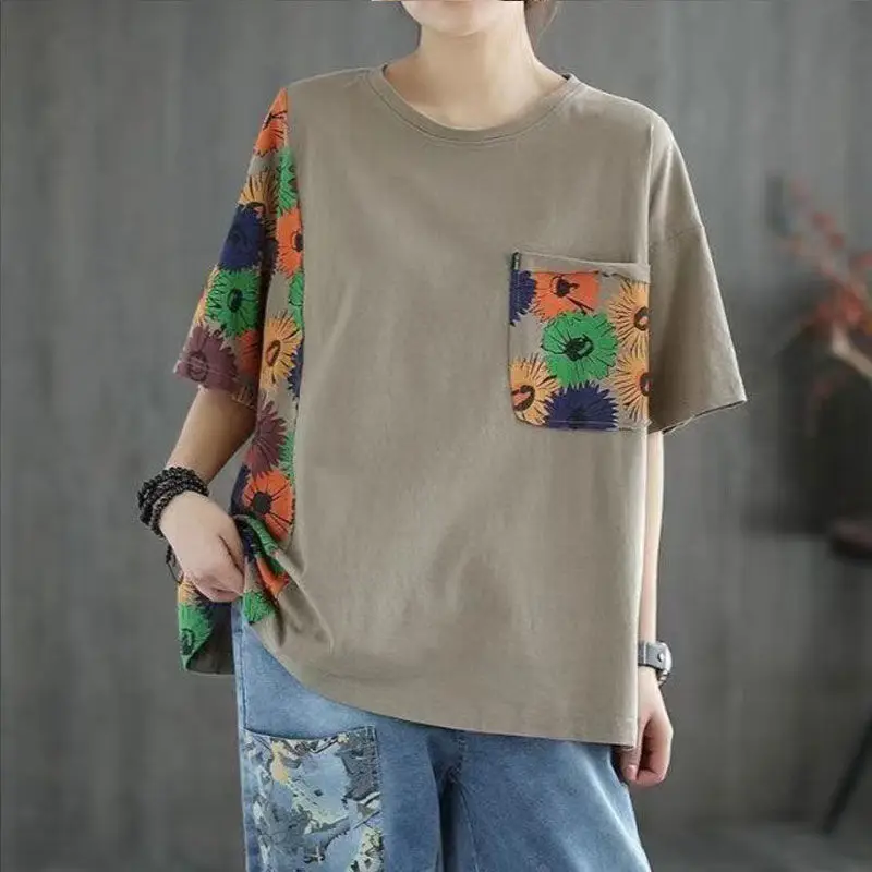 

Cotton Retro Literary Stitching Short-sleeved T-shirt Women 2021 Summer New Style Printed Loose Plus Size Shirts