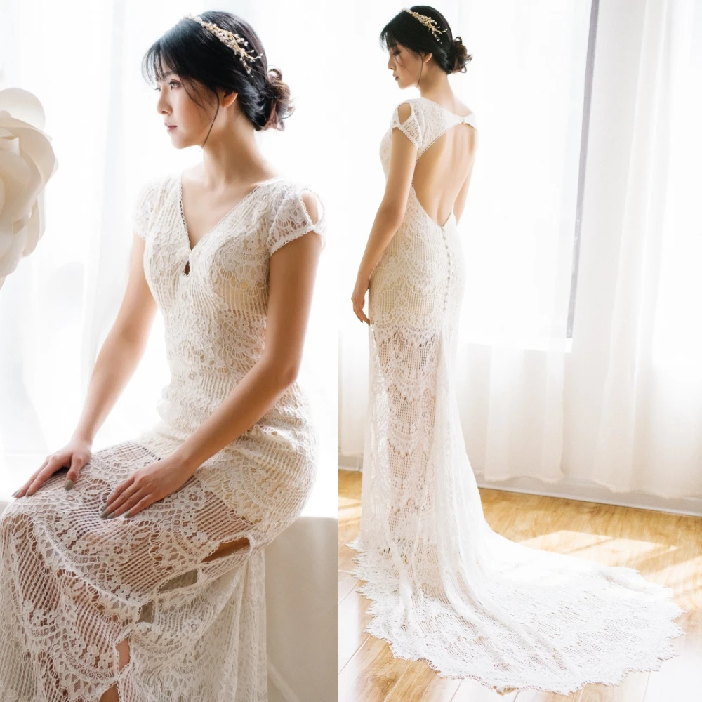 Короткое Кружевное пляжное свадебное платье без рукавов с V образным