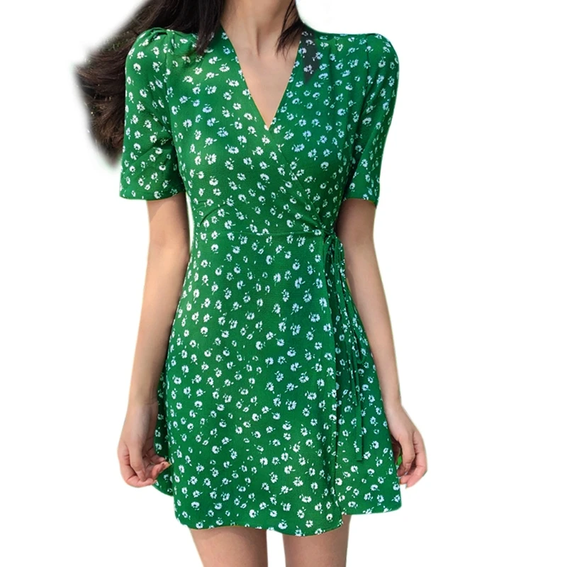 

Women Short Sleeve Floral V-Neck Cross Wrap Flared A-Line Mini Dress with Belt