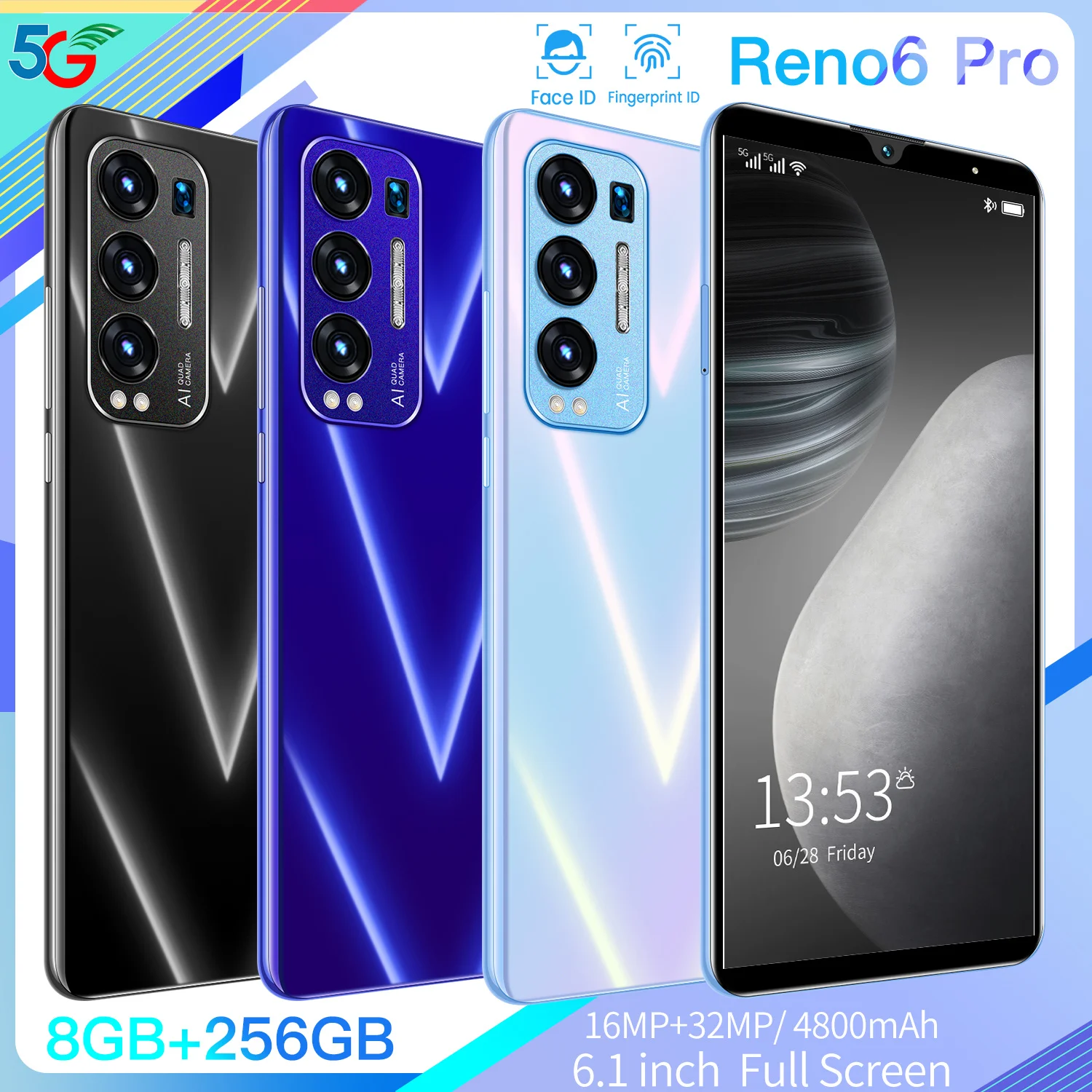 

The new version of Reno6Pro 5G 6.1-inch smartphone 4800mAh 16MP+32MP 8GB+256GB fingerprint unlock mobile phone global version