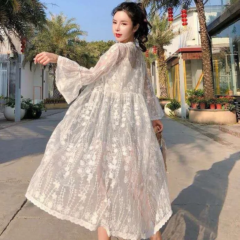 

Jacket Women 2021 Summer Loose Air Conditioning Sunscreen Shirt Coat Female Solid Color Casual Thin Long Lace Blouse Top Y211