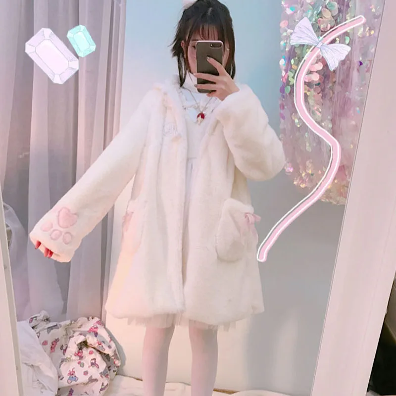 

Autumn Winter Japanese Girly Sweet Lolita Coats Warm Soft Plush Cartoon Anime Cute Cat Ears Hooded Jackets Women Kawaii Outwear