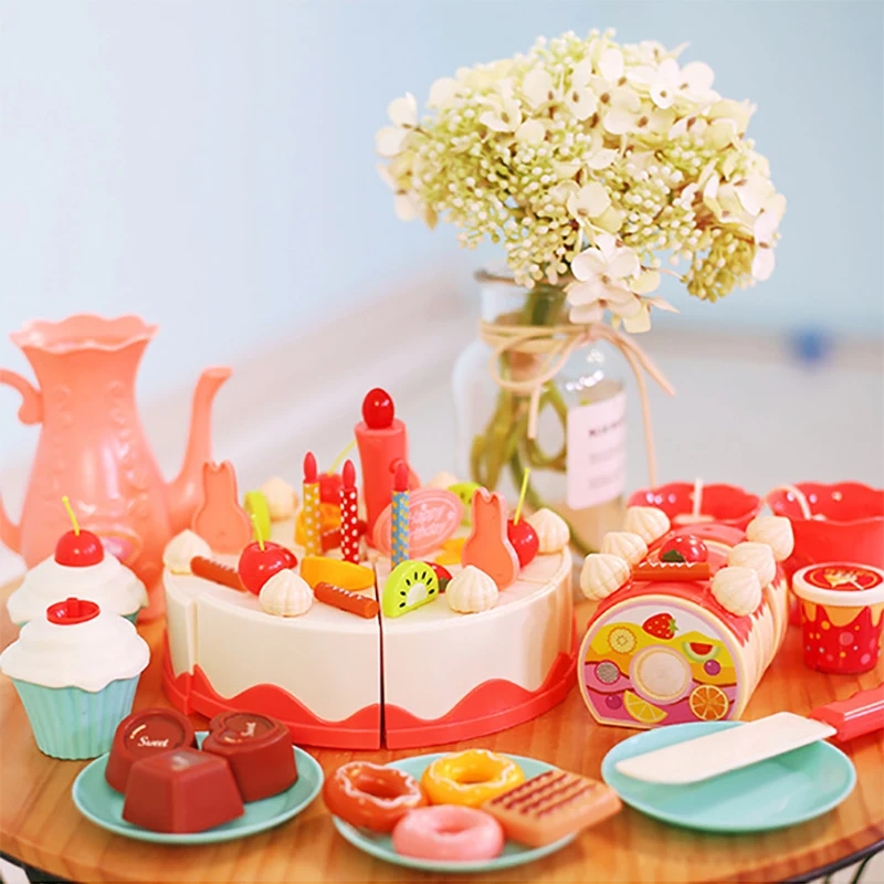 

82Pcs Cute Children'S Simulation Cake toys Attractive Double Birthday Cake Baby Pretend Play Kitchen Food Educational Toys Girls