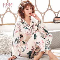 hnmchief white women pyjamas autumn flower printed satin silk pajama set rayon sleepwear long sleeve trousers nightwear suit