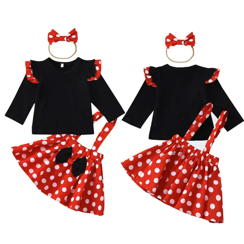 

Girls Long Sleeve Top Dot Strap Skirt Set Black Lace Cute Red White Bow Hair Band Summer Three Piece