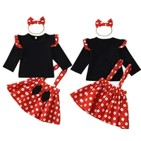 girls long sleeve top dot strap skirt set black lace cute red white bow hair band summer three piece
