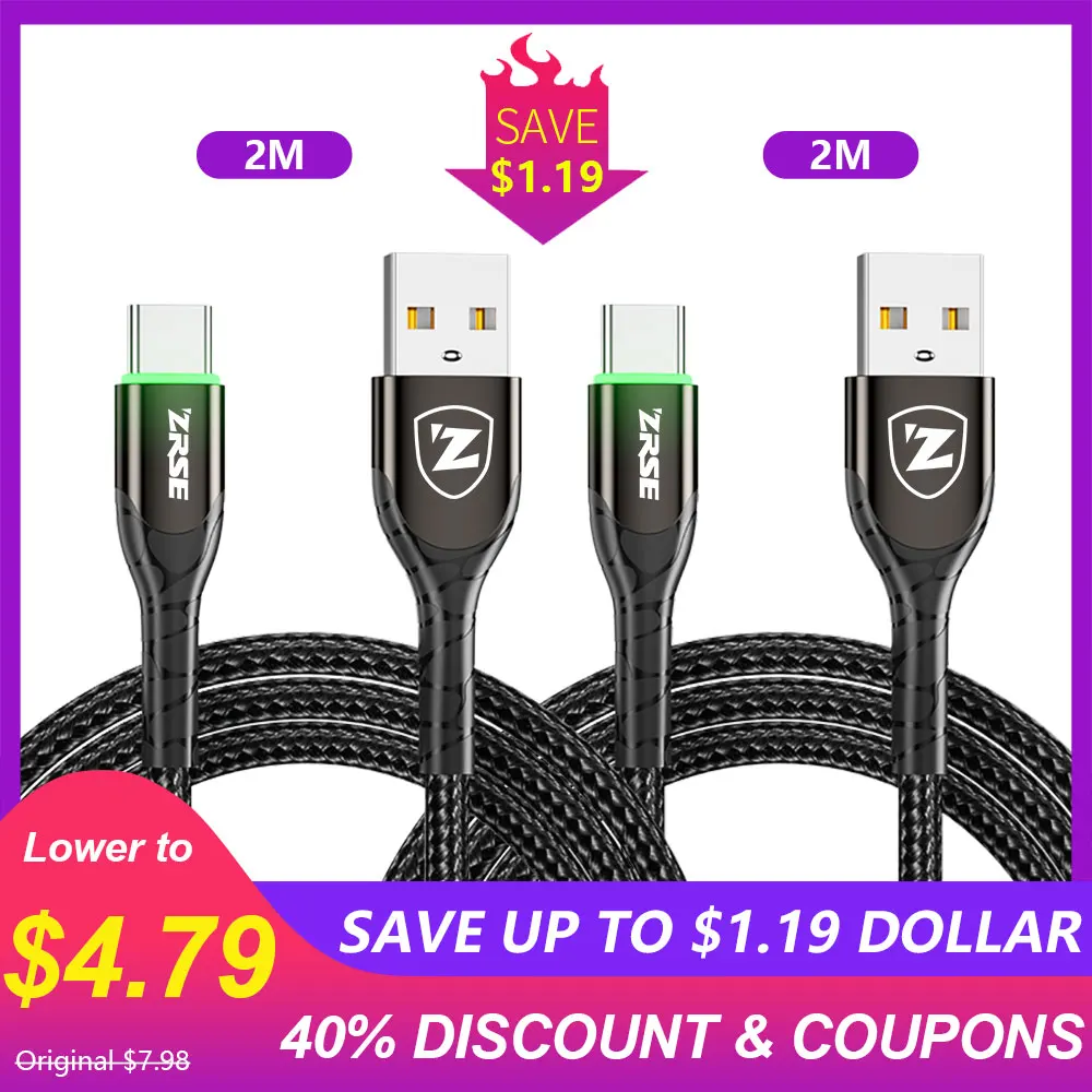 2M And 2M Black ZRSE светодиодный кабель usb type C 3M 2 м USB-C кабель передачи данных для быстрой зарядки телефона зарядное устройство Шнур для Xiaomi Redmi Note 8 7 huawei P30 Pro P20 - Цвет: 2M And 2M Black