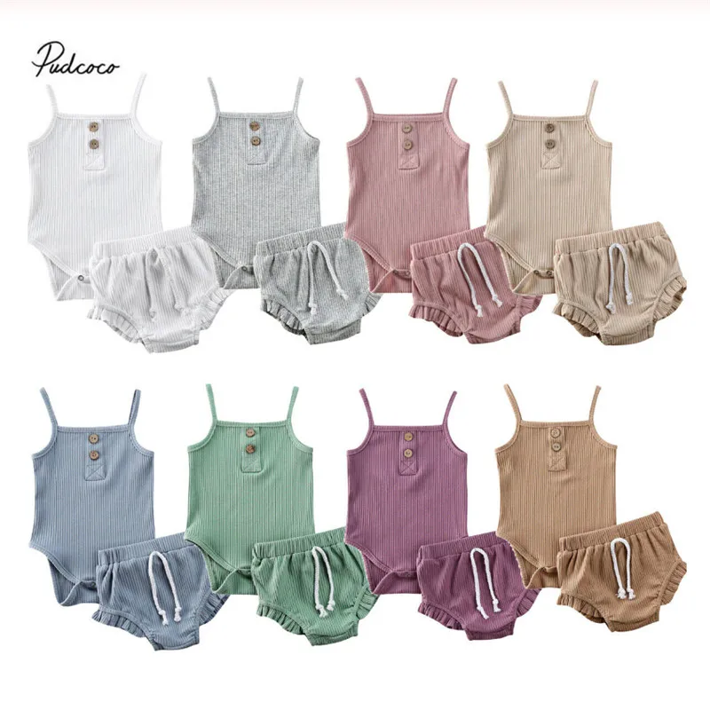 

2020 новорожденных для маленьких девочек летняя одежда для девочек вязаный жилет Топы боди и шорты, детские штаны, костюм однотонный комплект...