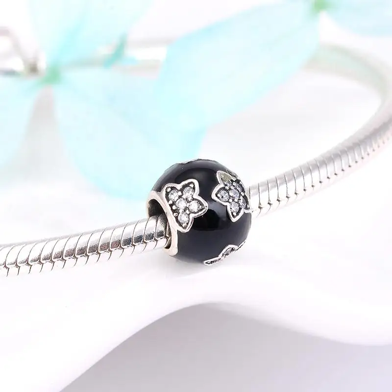 Модный Круглый 925 стерлингового серебра таких как цветок CZ и черной эмалью в виде