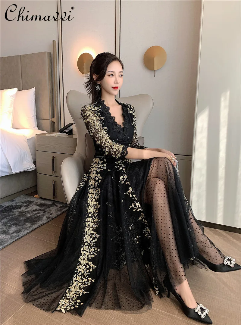

Fairy Mesh Dress for Women 2021 Spring and Summer New Embroidery Lace Mid Calf Dress Sexy V-neck Temperament Goddess Dress