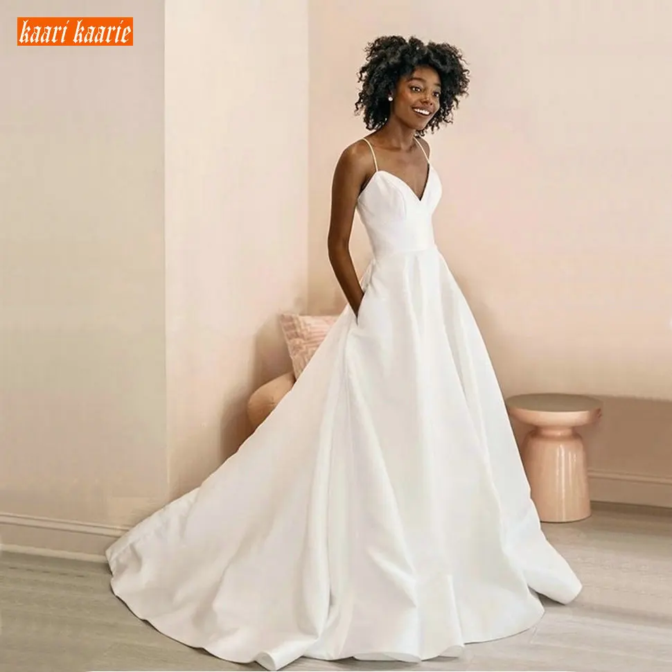 

Романтические белые богемные Свадебные платья v-образный вырез атласные карманы на бретельках Свадебные платья на заказ африканские женск...