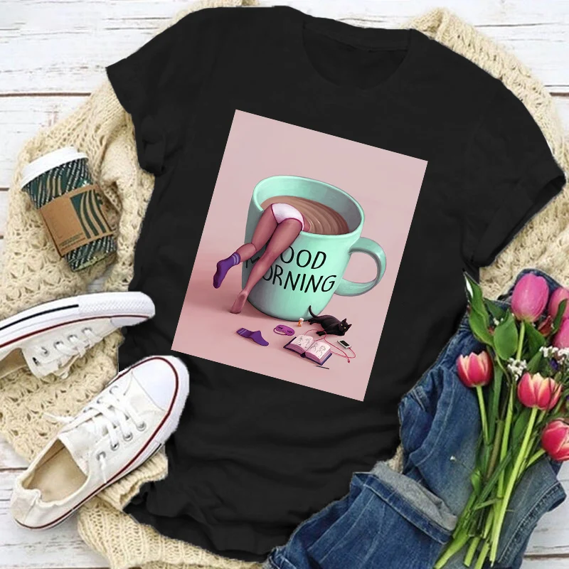 

Women Watercolor Lovely Female Tops Graphic Tee Tshirt Fashion Vintage Clothes Cartoon Print O-neck Ladies Coffee Cup Pattern
