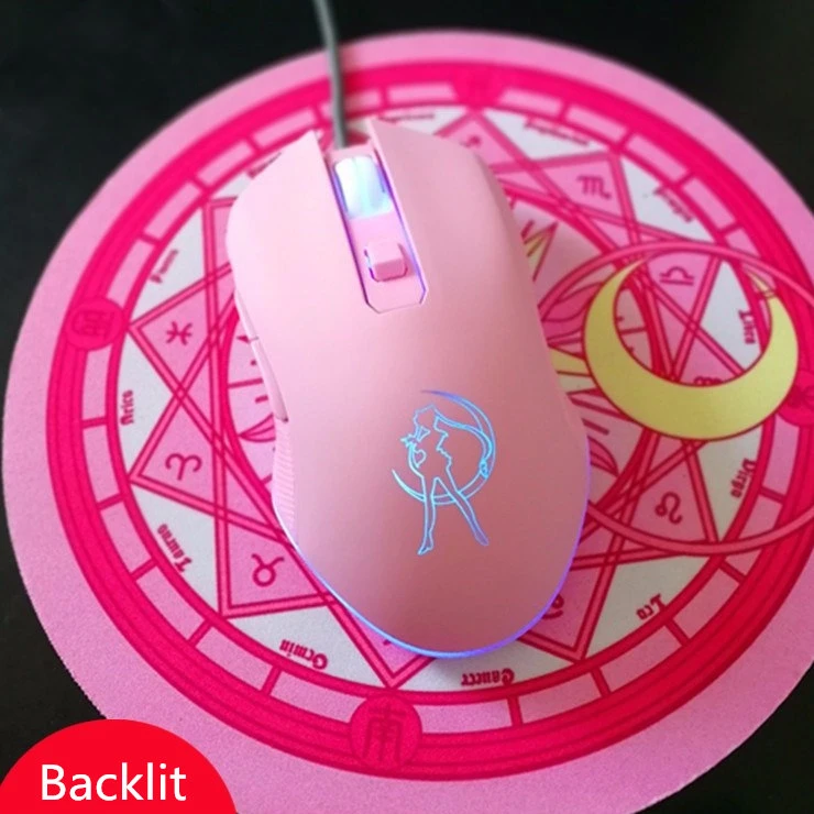 

Pink Optical Mouse Sailor Moon Gaming Computer Wired Mause Mute Pretty Backlit Colorful Mice 3200DPI For Girl Women Gift PC Game