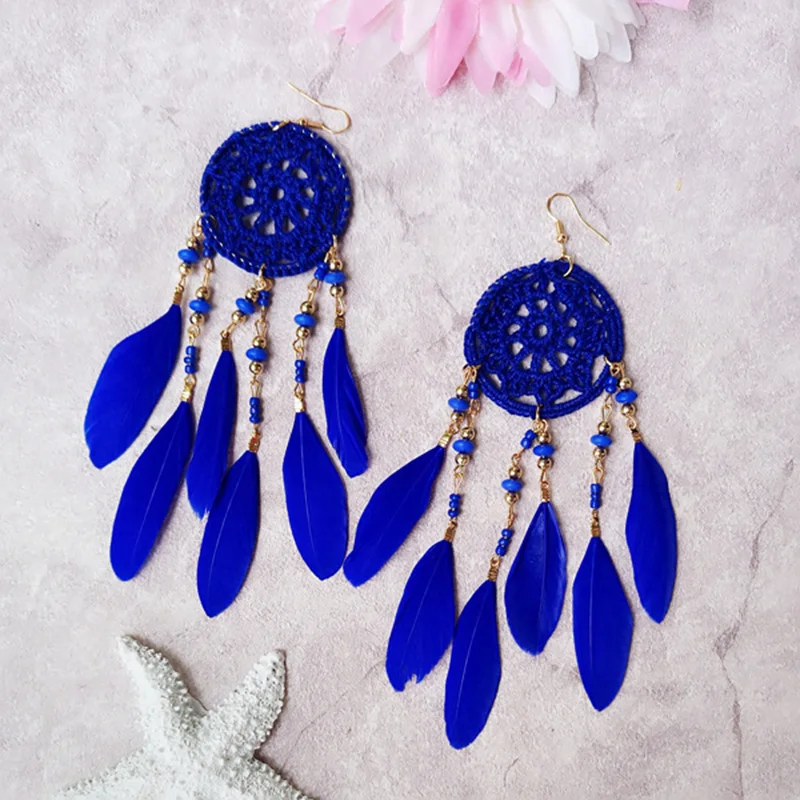 

2021 New Trend Fashion Dream Catcher Winter Feather Earring Statement Dangle Earrings Hand Made Women's Jewelry Banquet Gift