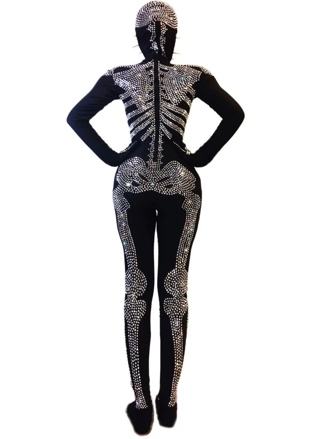

Silver Rhinestones Rivet Mask Skinny Jumpsuit Women Stage Wear Skull Demon Ghost Role-playing Cosplay Costume Horror Clothes