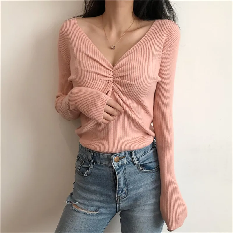 

Folds Women Sexy Long Sleeve T Shirt V Neck Slim Solid Color Tight-Fitting Female Knitted Pullovers Elegant Simple Mujer Clothes
