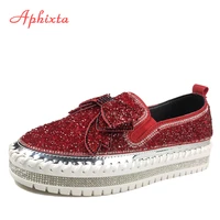aphixta bling butterfly knot flats women leather loafers wine red shoes crystal sequined bow knot 3cm platform casual moccasins