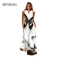 movokaka spring summer white dress 2022 casual vintage sleeveless long dresses woman butterfly printed beach maxi womens dress