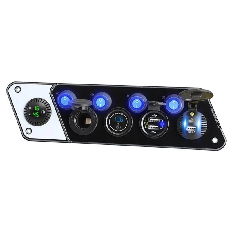

Marine RV Charging Device for Phone 12-24V PD QC3.0 Charger with Voltmeter Digital Clock Multifunctional Charger