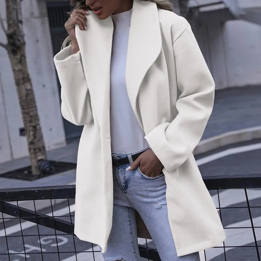 Однотонное Женское шерстяное пальто Свободное с длинным рукавом и отложным