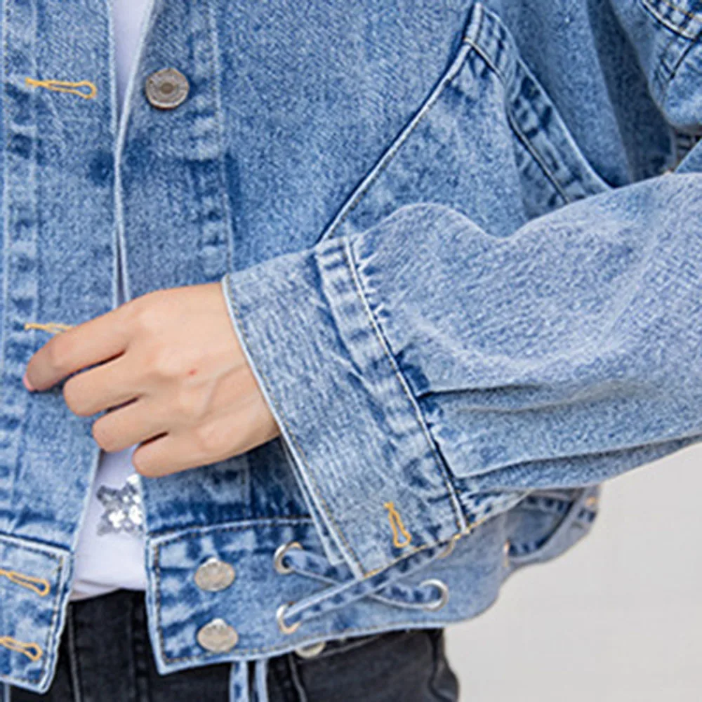 Джинсовая куртка BF Повседневная Свободная джинсовая на шнуровке осень корейский