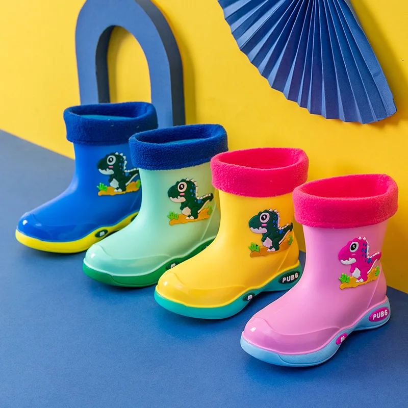 Water Shoes for Baby Girl Boy Shoes Waterproof Cute Rain Boots Kids PVC Rubber Dinosaur Pattern Rain Shoes with Removable Velvet