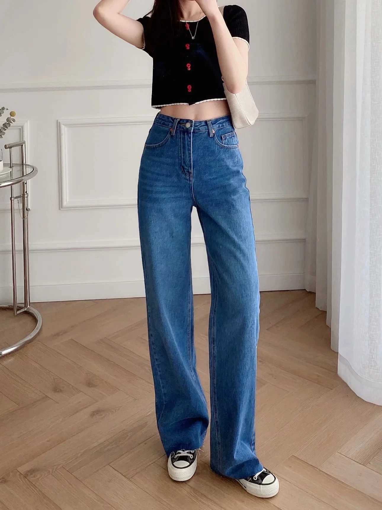 Maxdutti  High Waist Jeans 2021 England Style Vintage Mom Jeans Woman Loose Burrs Boyfriend Jeans For Women Denim Wide Leg Pants