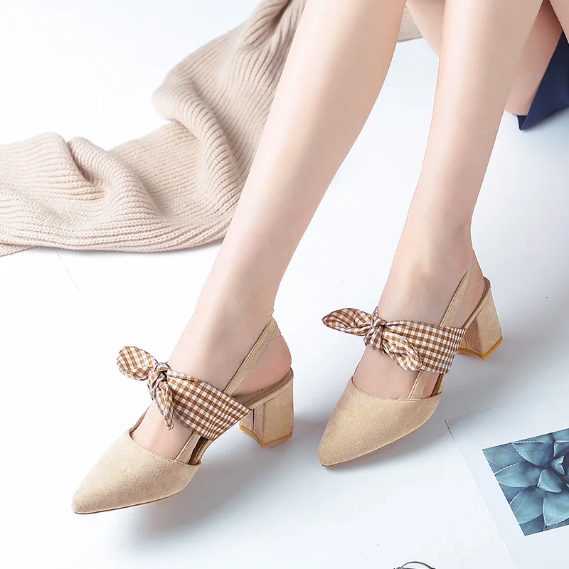 

New Style Women's Shoes Sandals Summer Thick Heel Bow Fashion Temperament Ol Pointed Baotou High Heels Elegant Temperament