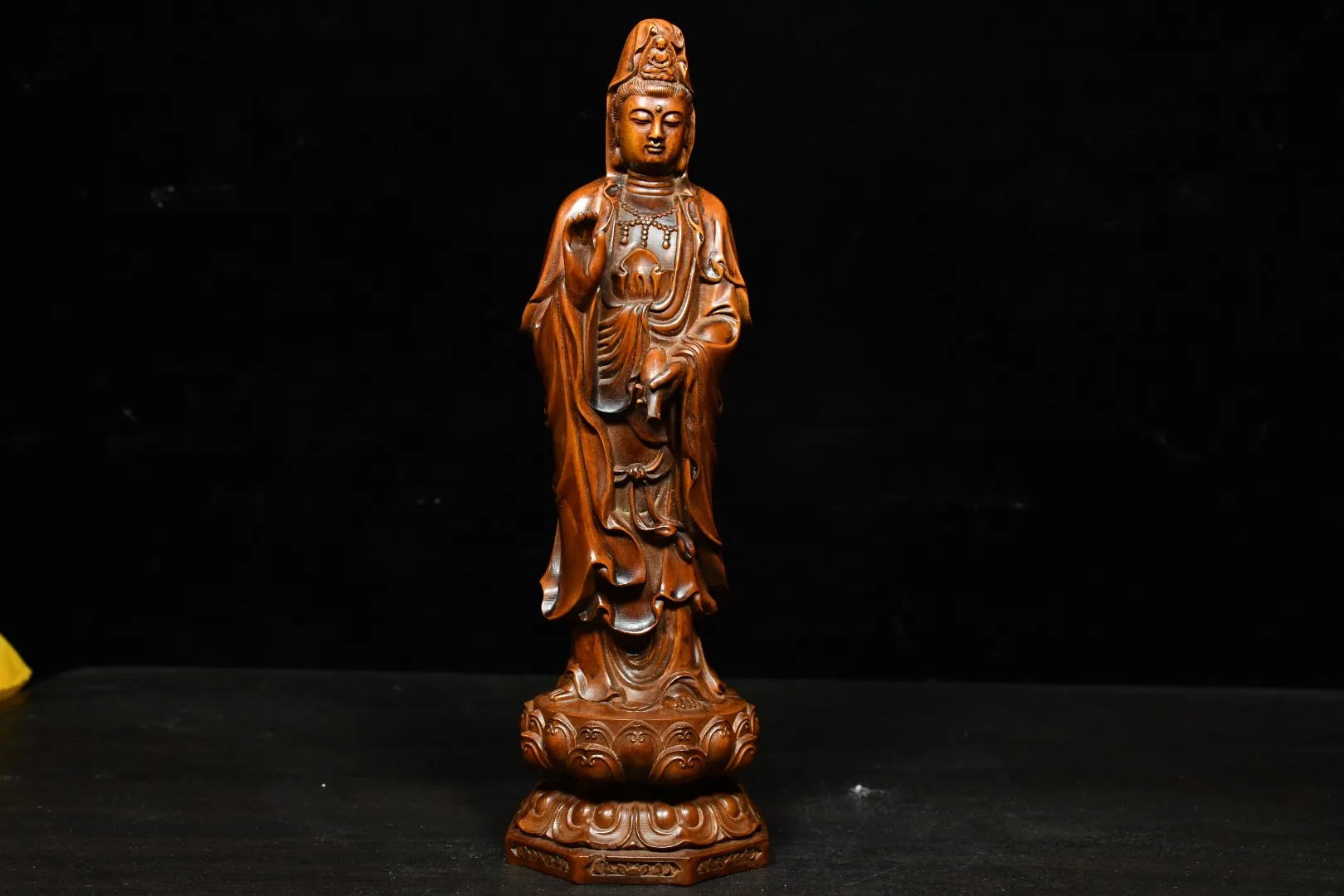 

10"Tibet Temple Collection Boxwood Clean Bottle Guanyin Bodhisattva Statue Standing Buddha Avalokitesvara Enshrine the Buddha