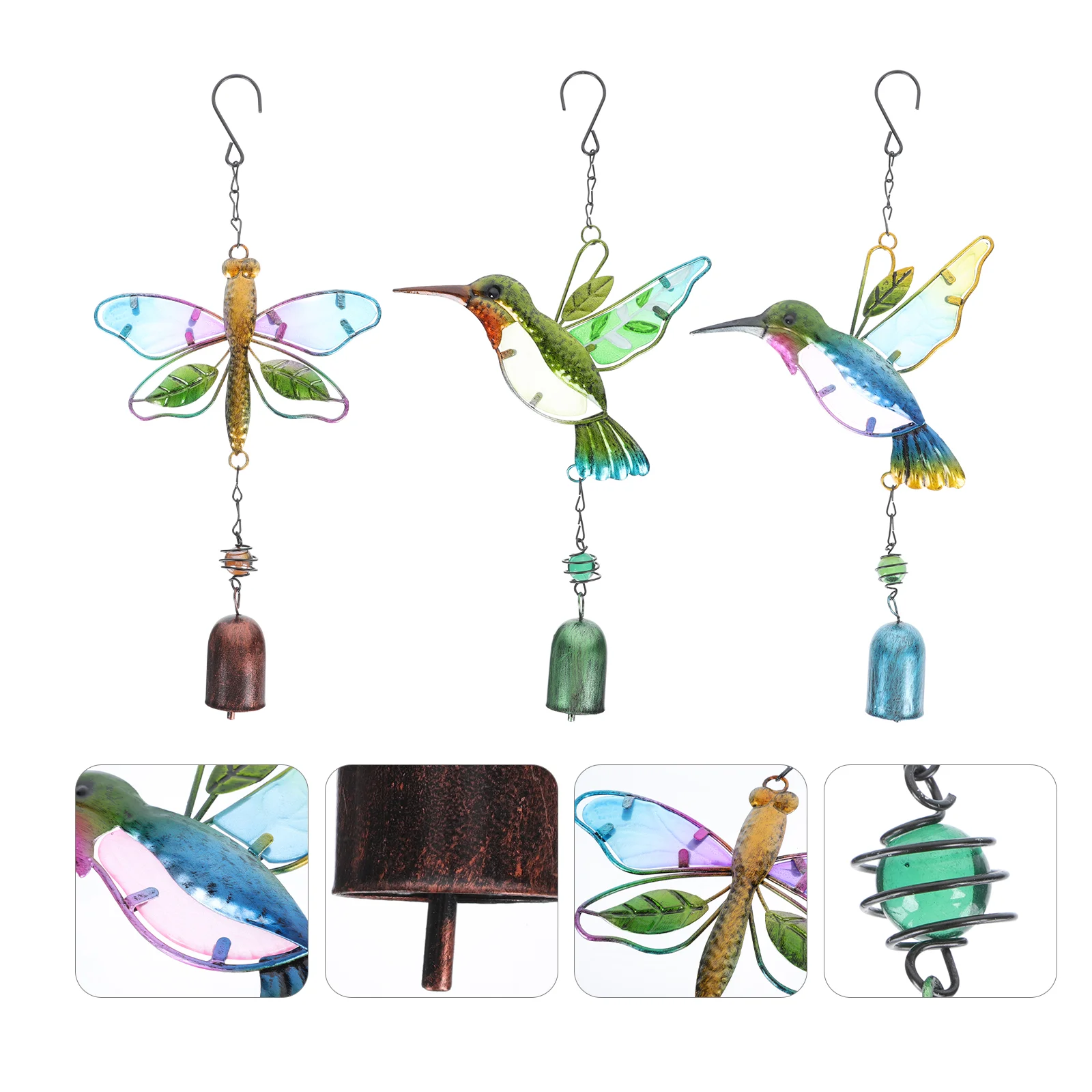 

3pcs Glass Wind Chime Dragaonfly Hummingbird Wind Chime Garden Hanging Decor
