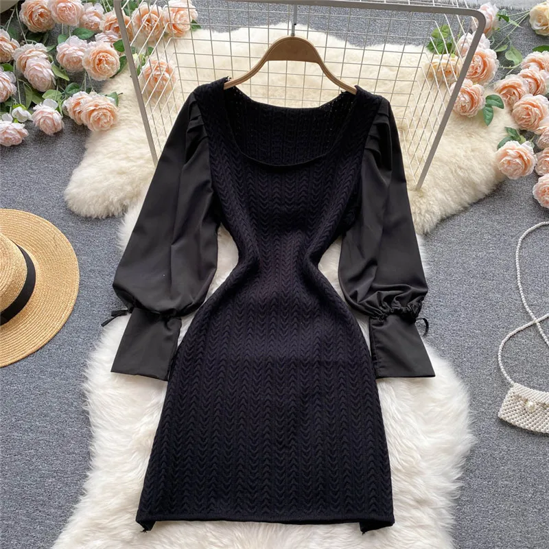 

French Romantic Sweater Midi Ribbed Black Dresses Women A Line Square Collar Puff Long Sleeve Maxi Robe Female Knitted Vestidos