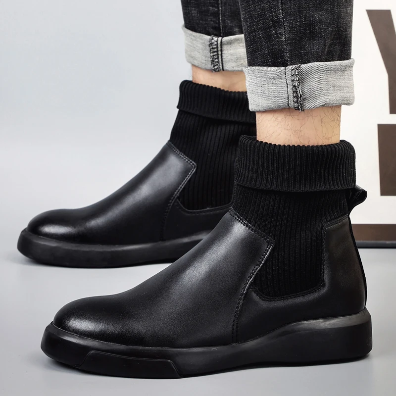 

New style men's winter leather flying woven Martin boots Korean style fashion warm casual comfortable leather shoes