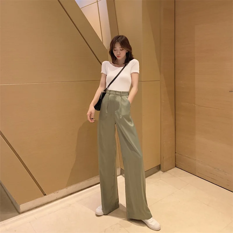 Женские свободные брюки зеленые однотонные тонкие модные повседневные широкие с