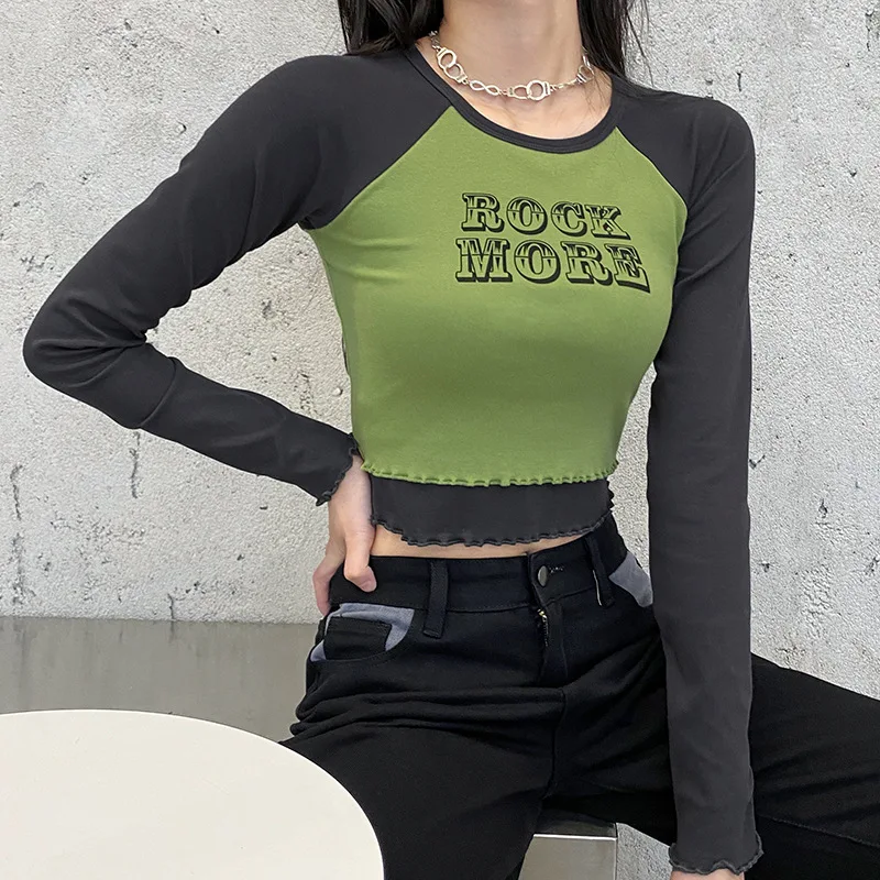

Spring/Autumn 2021 New Casual Jacket Aging Slim Letter Printing Short Round Neck Long Sleeve T-shirt Lace Fashion Joker Clothes