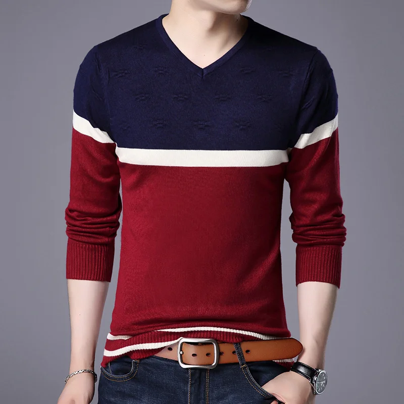Plain Brand Mens New Fashion Pullover High Striped Quality Knit V Neck Sweater Autum Korean Woolen Casual Jumper Clothes Men