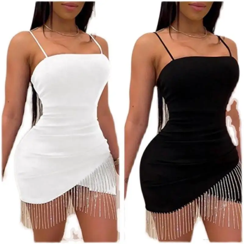 

Women Clothing Y2k Sexy Tight Fitting Fringed Skirt Nightclub Party Dress Breast Wrap Suspender Fashion Solid Color Short Skirt