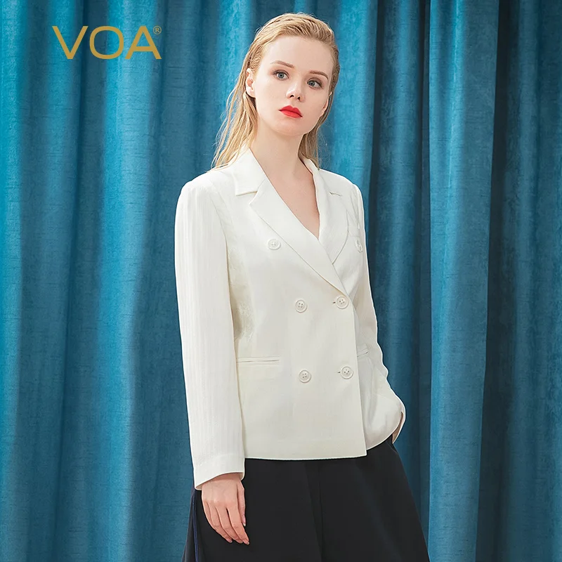 

VOA Jade White 46M/m Heavy Silk Flat Collar Collar Double Breasted Pocket Vertical Stripes Jacquard Simple and Capable Suit W572