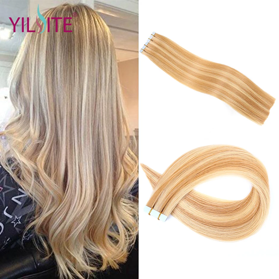 Yilite 2"-22" Накладные человеческие волосы на ленте, 20 шт. европейские натуральные волосы, не Реми, шелковистые прямые волосы для наращивания на коже