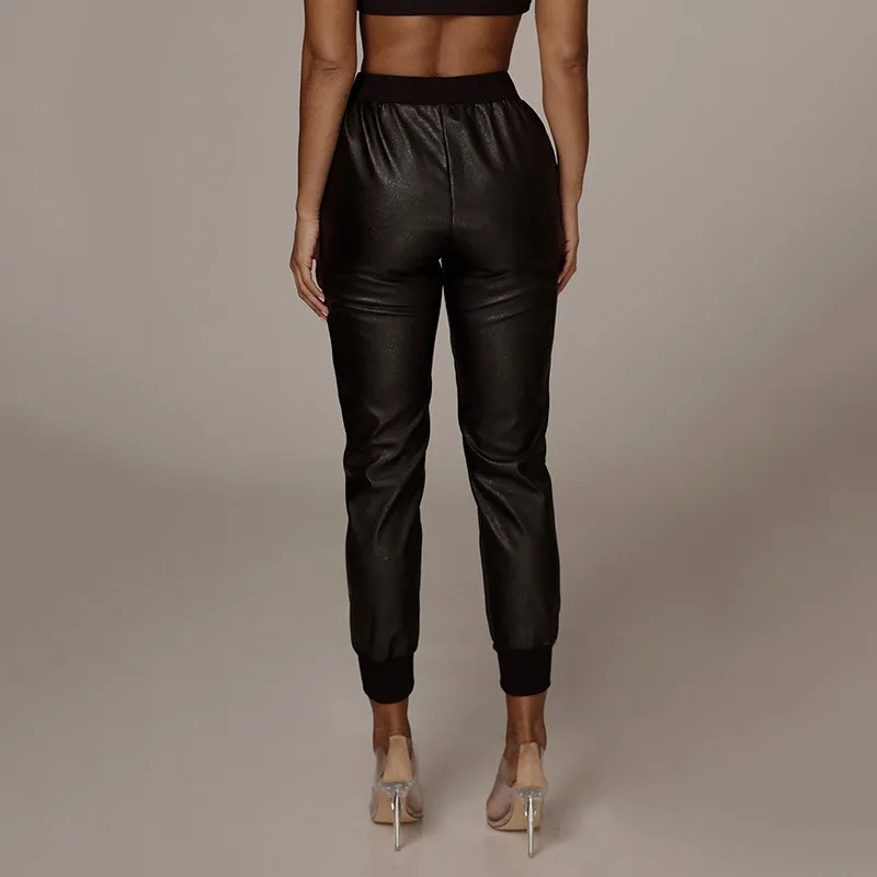 

Lady Elastic Waist Fashion PU Leather Pencil Pants Women Drawstring Sweatpants Cool Trousers with Pockets Oversized Solid Pants