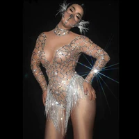 sparkly rhinestones tassel bodysuit sexy nude mesh transparent nightclub show dance costume bar dj singer stage performance wear