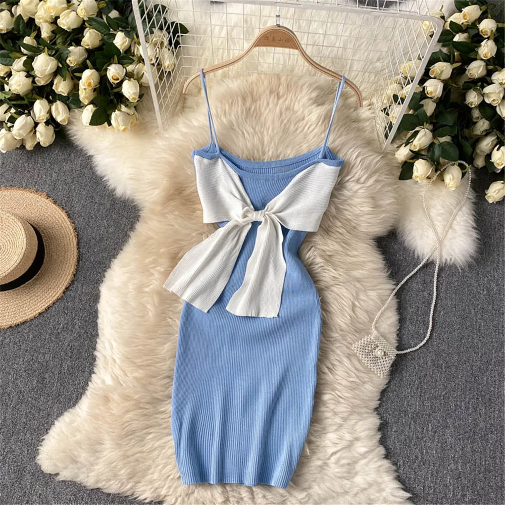 

Women Knitted Mini Dress Sweet Girl Bow Bandage Sexy Sling Bodycon Dresses Short Party Robe Fashion Vestidos Female Clothing