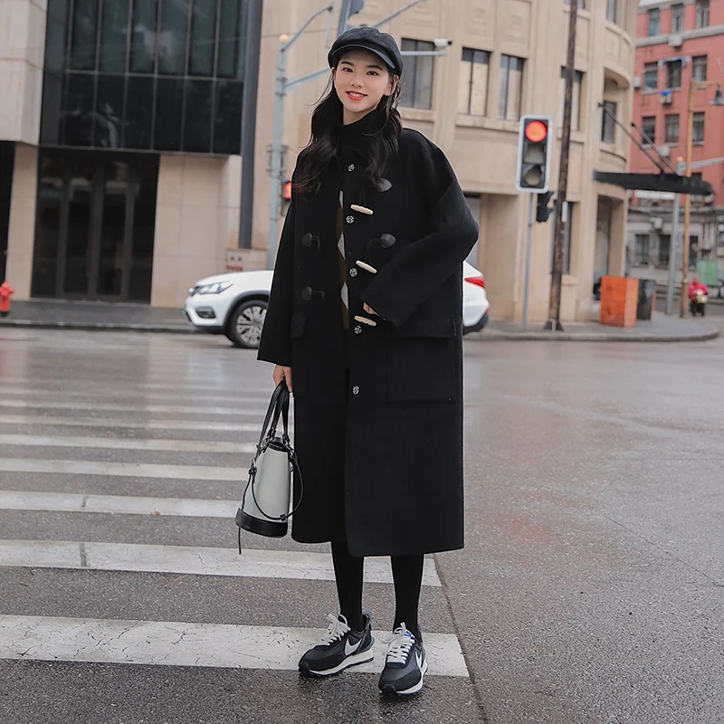 

Nice Pop Long Women Overcoat Horn Button Wool Blend Coat for Lady Winter Outerwear Female Clothes Thick Warm Black