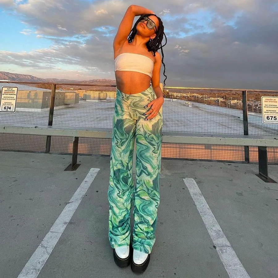 

New Fashion Ribbed Knitted Tie Dye Print Y2K Pants for Women High Waist Stacked Pants Streetwear Party Club Night Bottoms Green