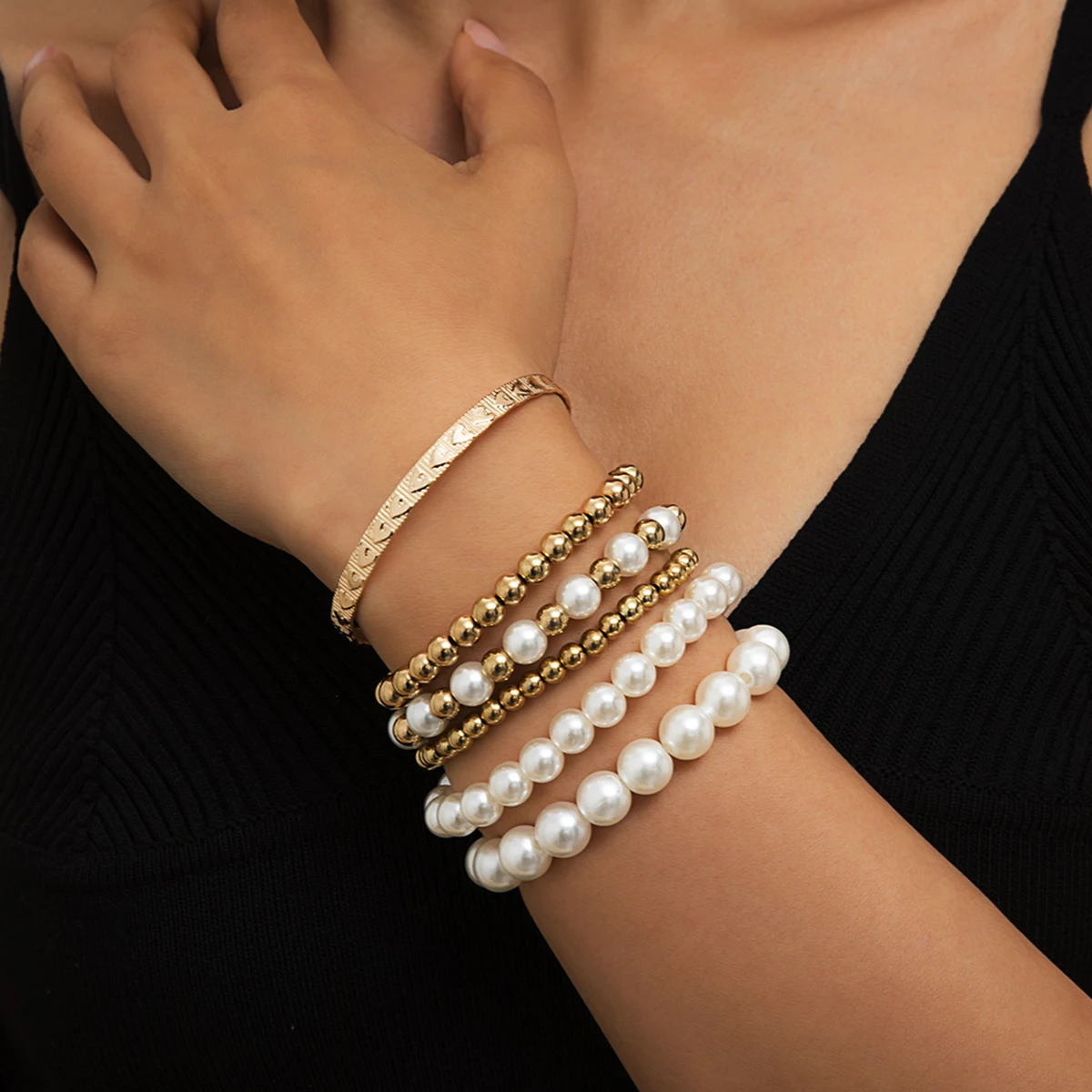 

SHIXIN Boho Imitation Pearls CCB Material Beads Elastic Bracelets Set for Women Gold/Silver Color Heart Bracelet Fashion Jewelry