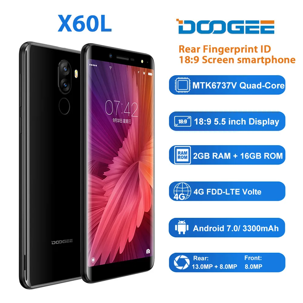 Смартфон DOOGEE X60L 4G LTE 5 дюйма 2 ГБ 16 двойная камера 13 МП Android 7 0 3300 мАч сканер